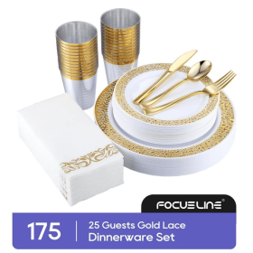 175 Piece Gold Dinnerware Set 25 Guest-50 Gold Lace Plastic Plates-25 Gold Plastic Silverware-25 Gold Plastic Cups-25 Linen Feel Gold Paper Napkins, F