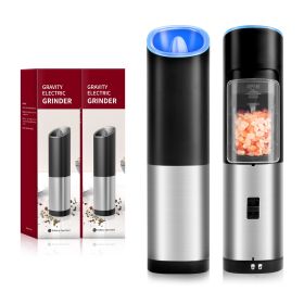 Gravity Electric Salt and Pepper Grinder Set, Adjustable Coarseness, Battery Powered with LED Light, One Hand Automatic Operation, Stainless Steel, Bl