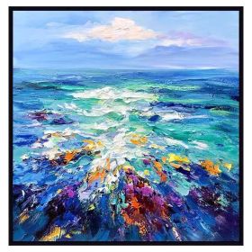 Modern Artist Painted Abstract Dark Blue Sea Oil Painting On Canvas Wall Art Frameless Picture Decor For Living Room Home Gift (size: 100x100cm)