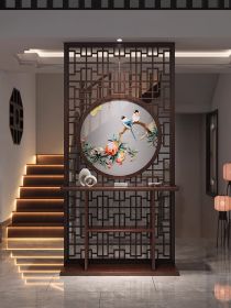 New Chinese Double-sided Su Embroidery Solid Wood Screen Partition Living Room Entrance Porch Table Modern Simple Lattice Block Decoration (Option: black-4)